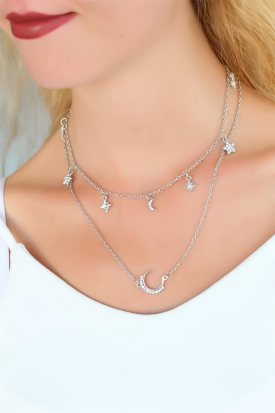 Silver Renk Çift Zincirli Bayan Kolye