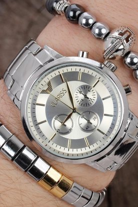 Clariss Gri Metal Tasarım Erkek Saat Kombini