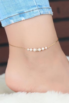 İncili Taşlı Gold Zincir Halhal