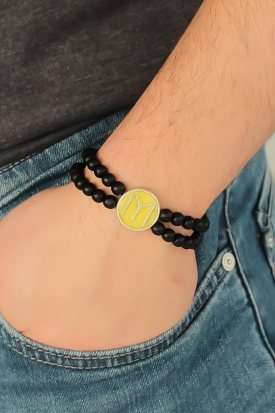 Sarı Renkli Metal Üzerine Eskitme Gümüş Kayı Boyu Figürlü Siyah Renk Çift Sıra Doğal Taş Erkek Bileklik
