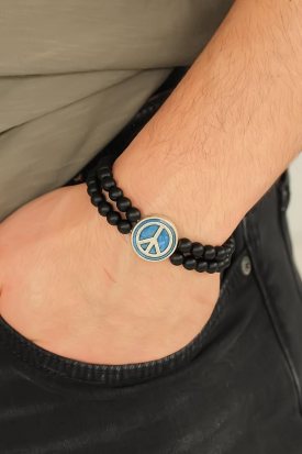 Barış Figürlü Mavi Renk Silver Metal Aksesuarlı Çift Sıra Oniks Doğal Taş Erkek Bileklik