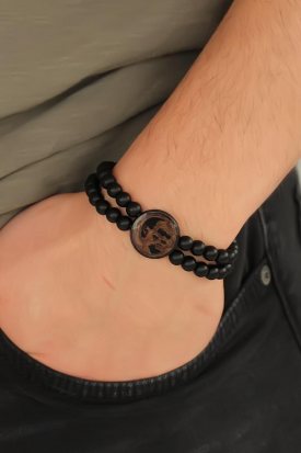Kahverengi Atatürk İmza Tasarımlı Siyah Renk Mat Oniks Doğal Taş Erkek Bileklik