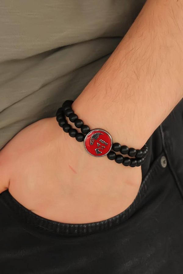 Kırmızı Renk Metal Atatürk İmza Tasarımlı Siyah Renk Mat Oniks Doğal Taş Erkek Bileklik