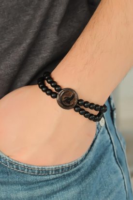 Bozkurt Figürlü Kahverengi Metal Aksesuarlı Siyah Oniks Doğal Taş Erkek Bileklik