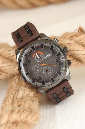 Kahverengi Silikon Kordonlu Füme Spor Metal Kasa Clariss Erkek Kol Saati