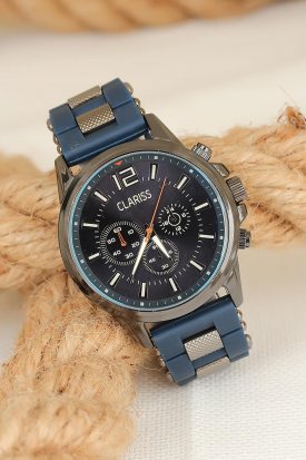 Lacivert Silikon Kordonlu Füme Renk Spor Metal Kasa Clariss Erkek Kol Saati