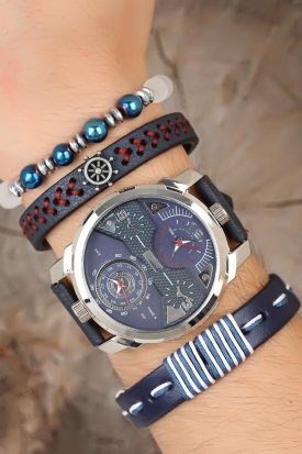 Silver Renk Kaplama Metal Kasa Lacivert Renk Deri Kordonlu Erkek Kol Saati ve Deri Bileklik Kombini