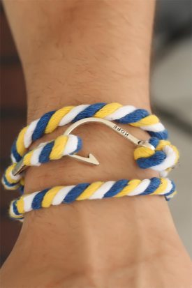 Sarı Lacivert Çizgi Desenli Metal Kancalı Erkek Bileklik