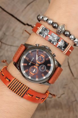 Deri Kordonlu Erkek Saat Kombini