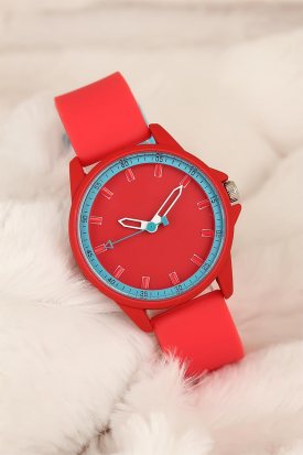 Kırmızı Silikon Kordonlu Bayan Kol Saati Saat
