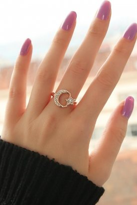 Rose Metal Zirkon Taşlı Ay Yıldız Bayan Yüzük