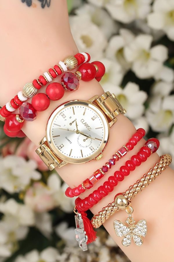 Gold Metal Kordonlu Clariss Marka Bayan Saat ve Kırmızı Boncuklu Bileklik Kombini
