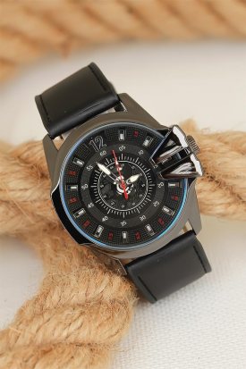 Siyah Renk Deri Kordonlu Füme Metal Spor Kasa Erkek Kol Saati