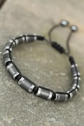 Ayarlamalı İp Tasarımlı Füme Hematit Doğal Taş Erkek Bileklik
