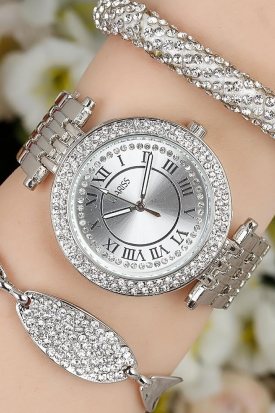 Clariss Zirkon Taşlı Metal Kasa Bayan Saat Kombini