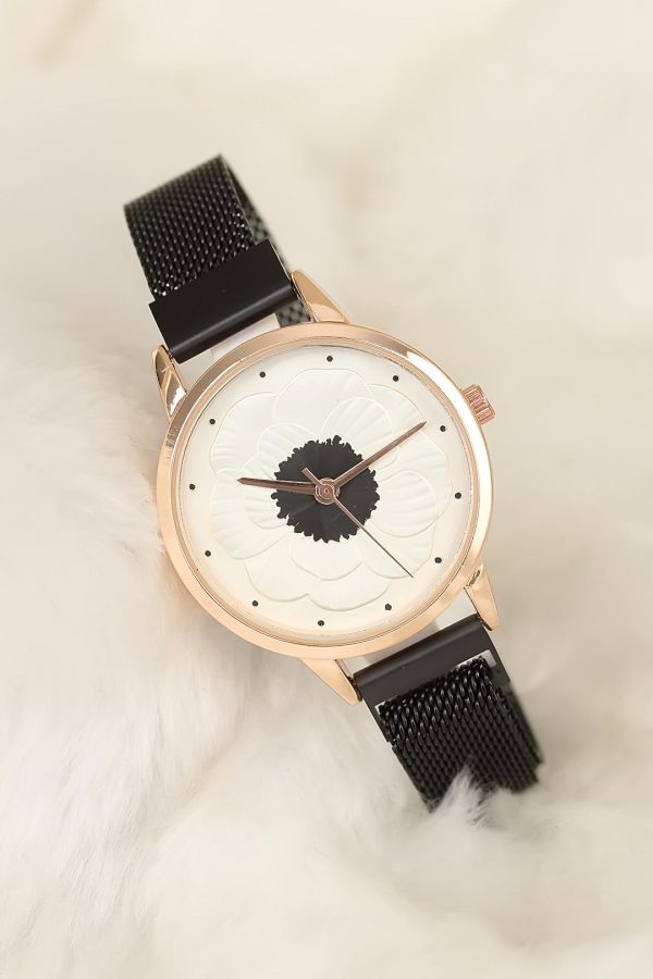 Mıknatıslı Hasır Metal Füme  Renk Kordonlu Desenli İç Tasarımlı Bayan Saat