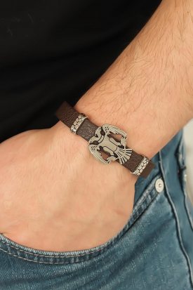 Silver Metal Trend Aksesuarlı Kahverengi Deri Erkek Bileklik