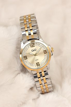 Q&Q Marka Gold Silver Renk Kaplama Metal Kordonlu Taşlı Kasa 2 Yıl Garantili Bayan Kol Saati