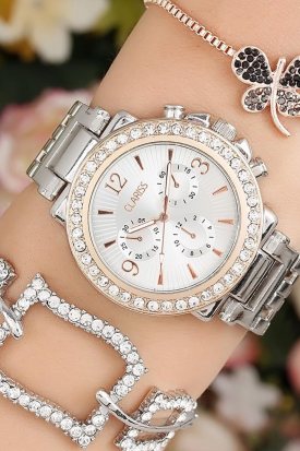 Clariss Zirkon Taşlı Metal Kasa Bayan Saat Kombini