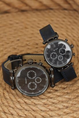 Lacivert Renk Deri Kordonlu Siyah Renk İç Tasarımlı Füme Renk Metal Kasa Sevgili Saatleri