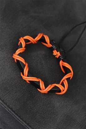 Turuncu İpli Siyah Renk Deri Erkek Bileklik