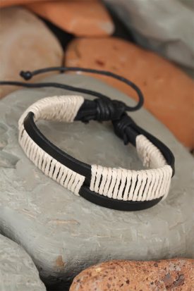 Siyah Krem İpli Tasarım Erkek Deri Bileklik