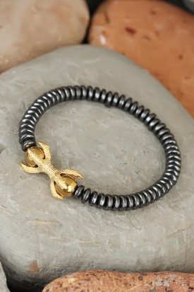 Gold Renk Metal Aksesuarlı Füme Renk Hematit Doğal Taşlı Erkek Bileklik