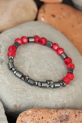 Kırmızı Renk Havlit ve Hematit Doğal Taşlı Erkek Bileklik