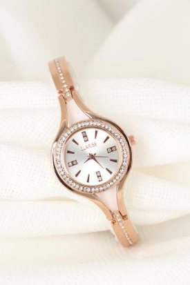 Rose Renk Kaplama Metal Kordonlu Taşlı Kasa Clariss Marka Bayan Saat