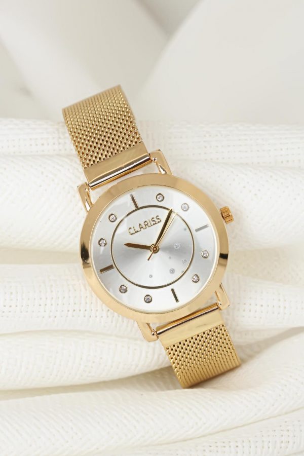 Gold Renk Kaplama Hasır Metal Kordonlu Beyaz İç Tasarımlı Metal Kasa Clariss Marka Bayan Saat
