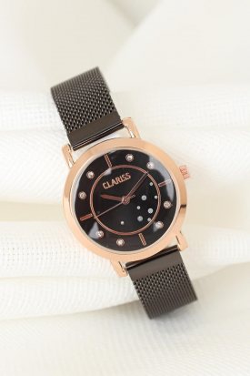 Füme Renk Kaplama Hasır Metal Kordonlu Rose Metal Kasa Clariss Marka Bayan Saat