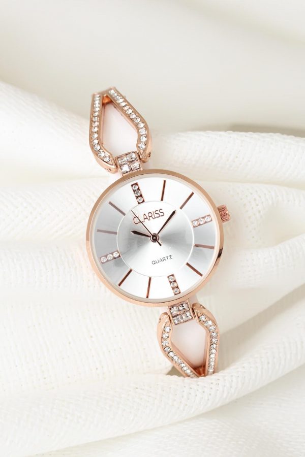 Rose Metal Taşlı Kordonlu Yeni Sezon Beyaz Renk İç Tasarımlı Bayan Clariss Marka Kol Saati