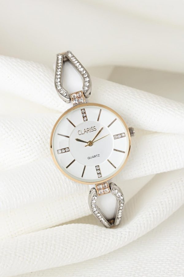 Silver Taşlı Metal Kordonlu Yeni Sezon Beyaz Renk İç Tasarımlı Bayan Clariss Marka Kol Saati