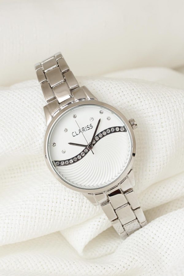 Silver Renk Metal Kordonlu Beyaz Zirkon Taşlı İç Tasarımlı Clariss Marka Bayan Kol Saati