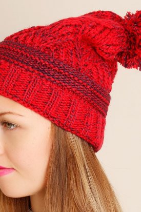 Kırmızı Örgü Ponpon Detaylı Bayan Bere