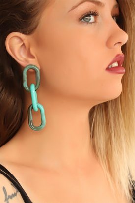 Turkuaz Renk Desenli Zincir Form Bayan Küpe