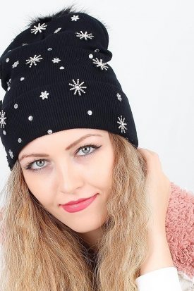 Siyah Renk Parlak Aksesuar Detaylı Ponponlu Bayan Bere