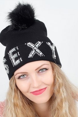 Siyah Renk Parlak Aksesuar Detaylı Ponponlu Bayan Bere