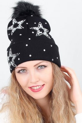 Siyah Renk Parlak Aksesuar Detaylı Ponponlu Bayan Bere