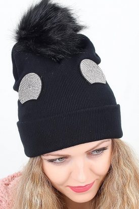 Siyah Renk Parlak Aksesuar Detaylı Ponponlu Bayan Bere