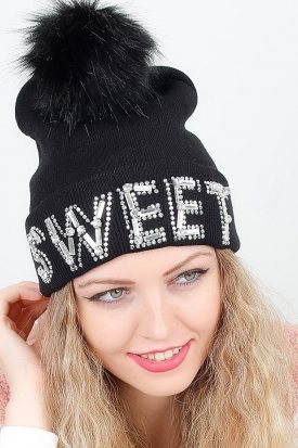 Siyah Renk Parlak Aksesuar Detaylı Ponponlu Bayan Bere