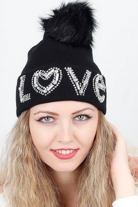 Siyah Renk Parlak Aksesuar Detaylı Ponponlu Bayan Bere