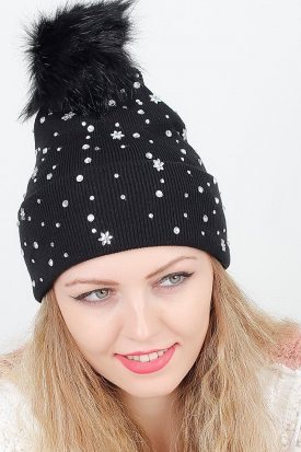 Siyah Renk Parlak Aksesuar Detaylı Ponponlu Bayan Bere