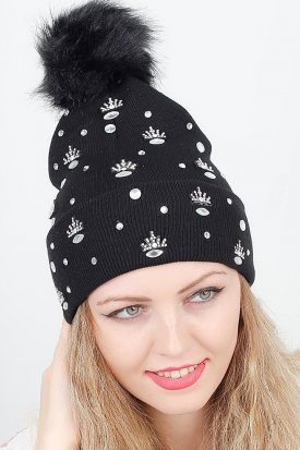 Siyah Renk Parlak Aksesuar Detaylı Ponponlu Bayan Bere