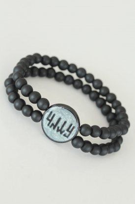 Eski Türkçe Göktürkçe Yazı Figürlü Mavi Renk Metal Aksesuarlı Çift Sıra Oniks Doğal Taş Erkek Bileklik