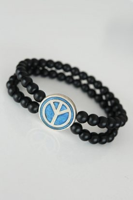 Barış Figürlü Mavi Renk Silver Metal Aksesuarlı Çift Sıra Oniks Doğal Taş Erkek Bileklik