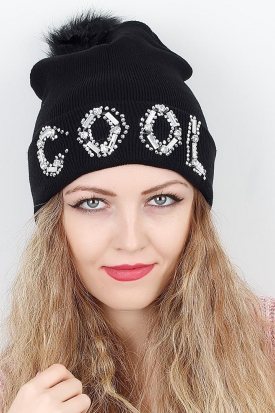 Siyah Renk Parlak Aksesuar Detaylı Ponponlu Bayan Bere