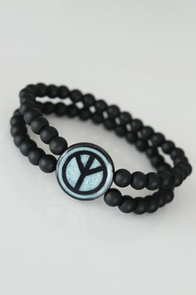 Barış Figürlü Açık Mavi Renk Siyah Metal Aksesuarlı Çift Sıra Oniks Doğal Taş Erkek Bileklik