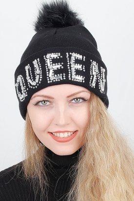 Siyah Renk Parlak Aksesuar Detaylı Ponponlu Bayan Bere