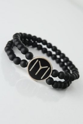 Siyah Renkli Metal Üzerine Kayı Boyu Figürlü Siyah Renk Çift Sıra Doğal Taş Erkek Bileklik